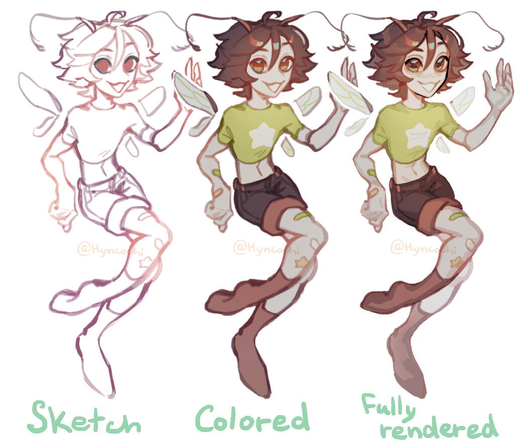 Comparison of the sketch, colored sketch and fully rendered illustrations.